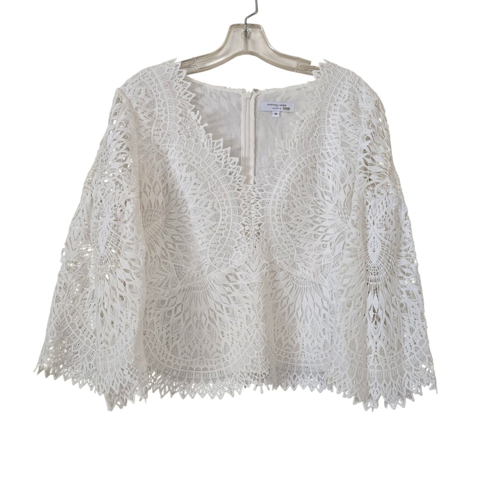 Marissa Webb Collective White Lace Bell Sleeve V-Neck Blouse Size 12